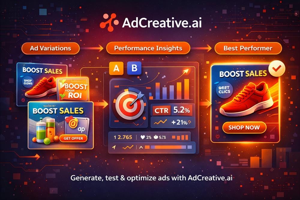 AdCreative AI workflow showing ad variations, performance insights and best performing ad selection