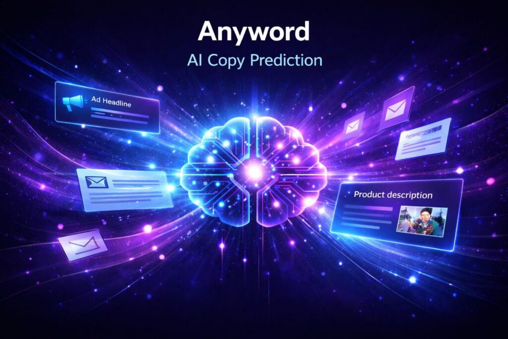 Illustration of Anyword AI analyzing and optimizing marketing copy using predictive artificial intelligence.