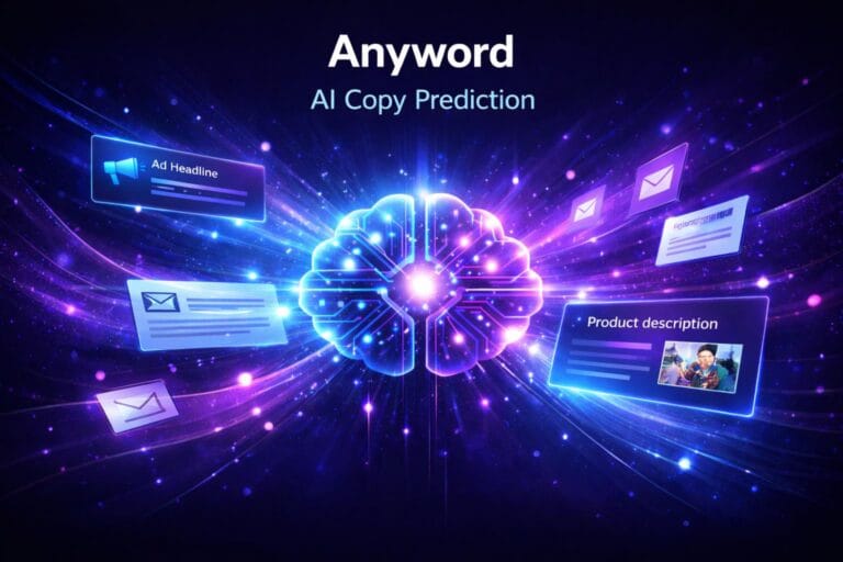 Illustration of Anyword AI analyzing and optimizing marketing copy using predictive artificial intelligence.