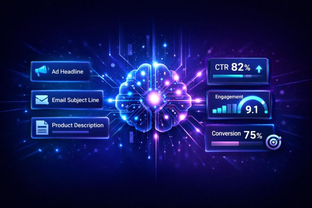 Infographic showing how Anyword AI analyzes marketing copy such as ad headlines, email subject lines, and product descriptions to predict performance metrics like CTR, engagement, and conversions.