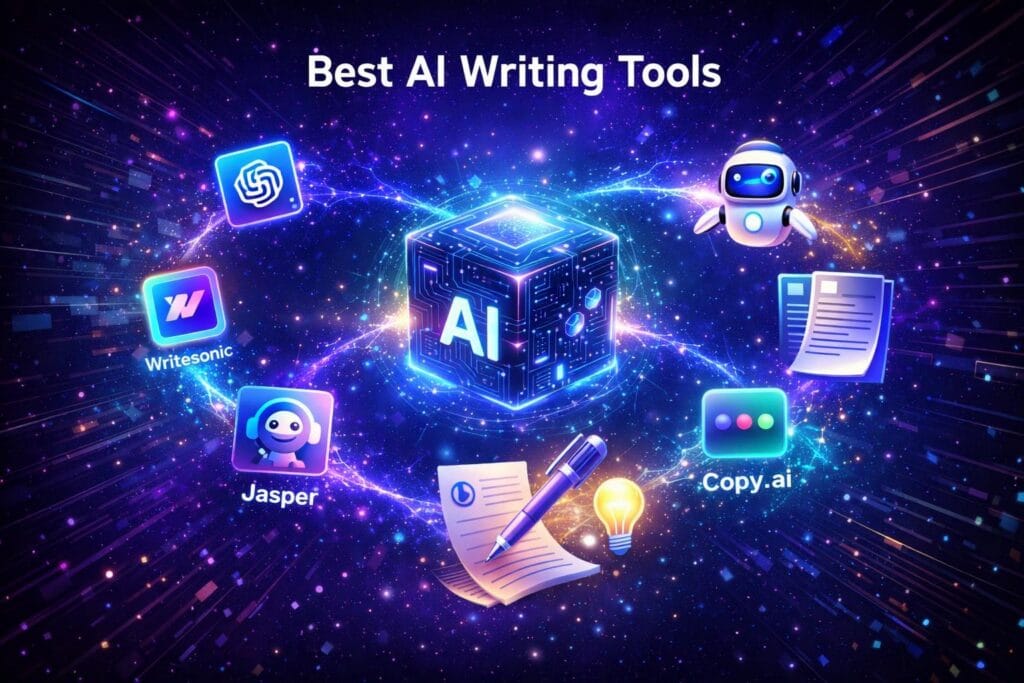 Illustration showing the best AI writing tools in 2026 with multiple AI assistants connected around a central artificial intelligence hub.