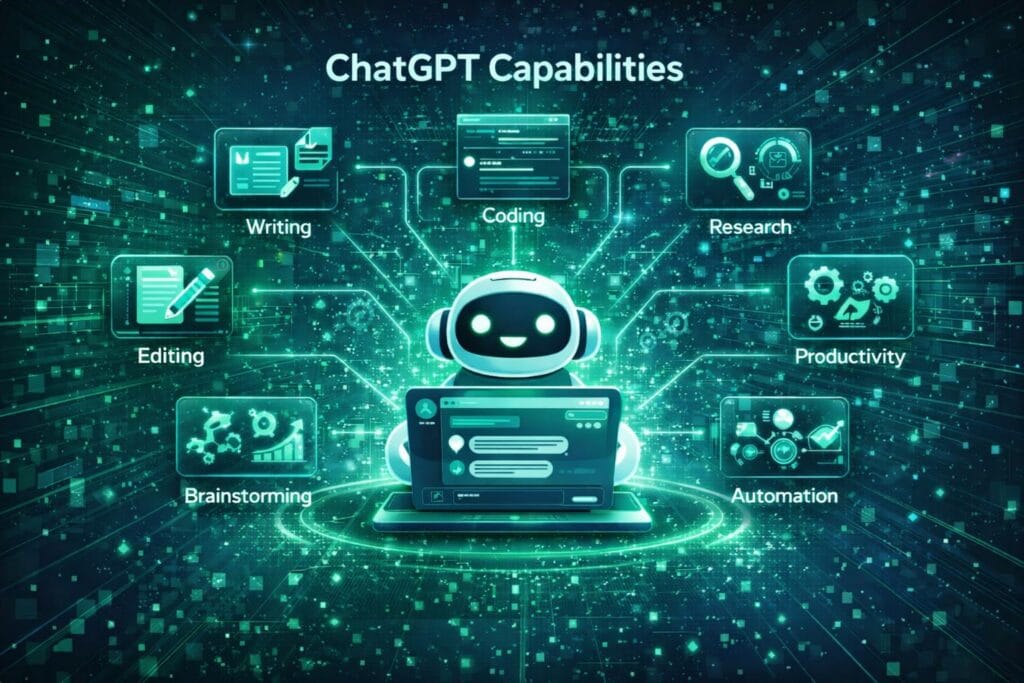 ChatGPT AI assistant capabilities including writing, coding, research and productivity tasks