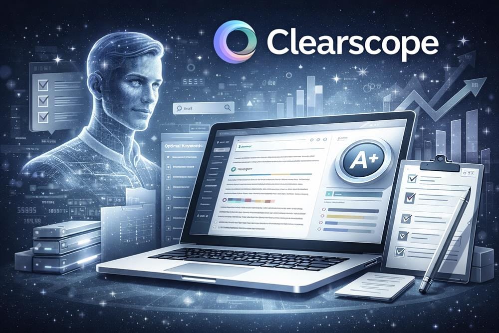 Clearscope AI content optimization platform with holographic assistant and SEO content grading interface