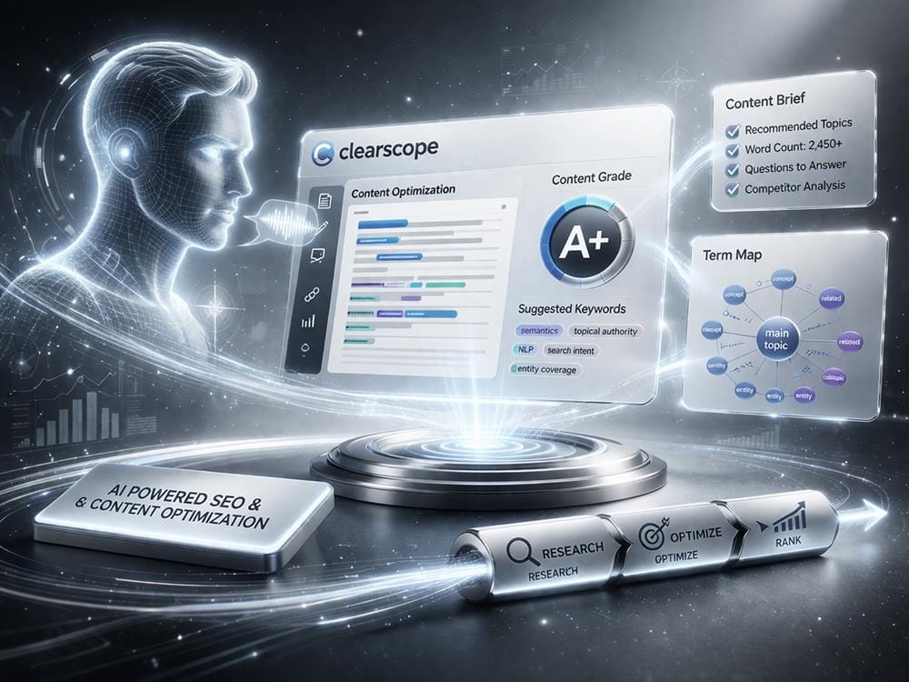 Clearscope AI SEO workflow showing content brief, keyword analysis, content score and optimization insights