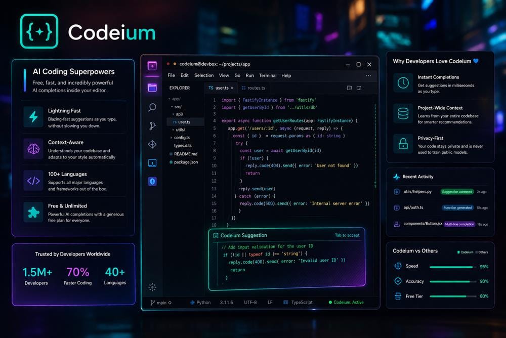 Codeium dashboard showing AI code completions, project-wide context and developer productivity features in a modern coding interface