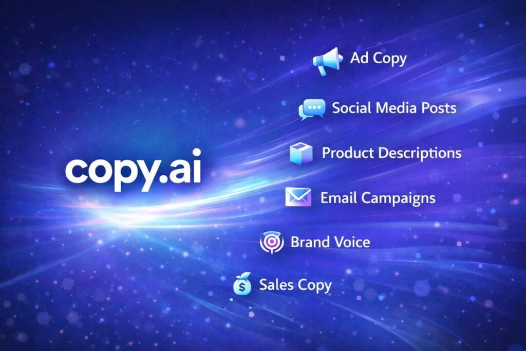 Infographic showing Copy.ai copywriting workflow including ad copy, social media posts, product descriptions, email campaigns, brand voice, and sales copy generation.