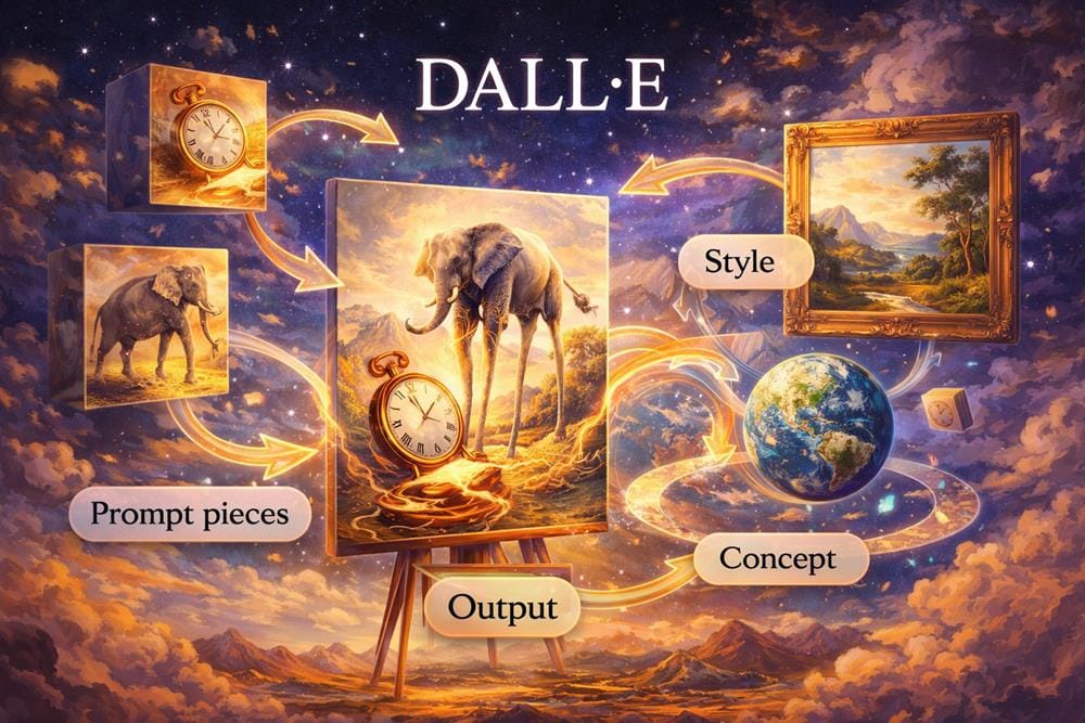 DALL·E AI workflow showing concept combination with prompt pieces, style, concept and generated output image