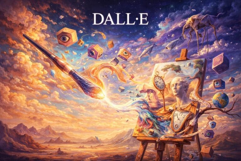 DALL·E AI surreal art generator creating imaginative paintings with dreamlike elements and creative composition