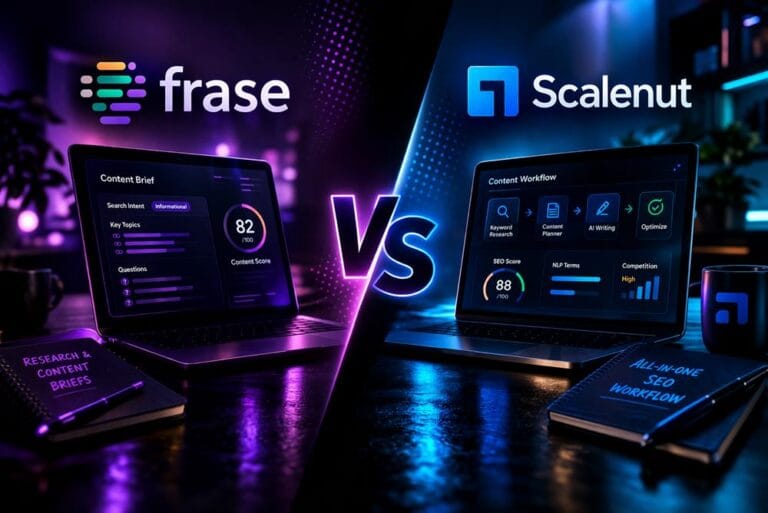Comparison between Frase and Scalenut showing differences in SEO content research, optimization, and workflow features