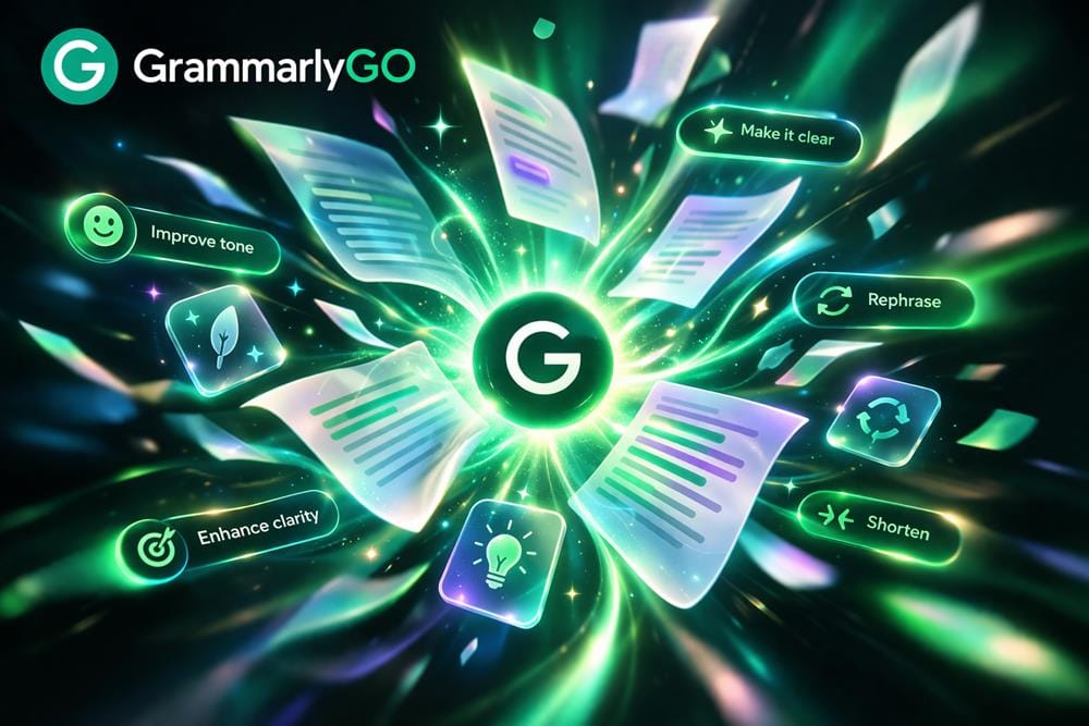GrammarlyGO AI writing assistant transforming text with improved clarity, tone and structure using intelligent suggestions