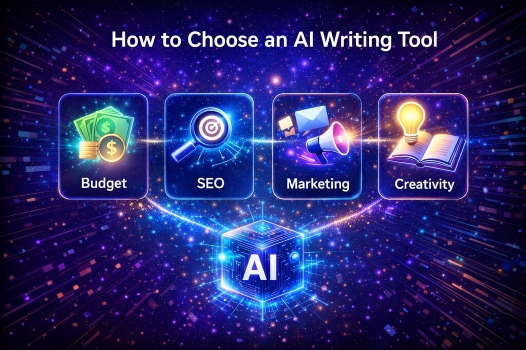 Illustration explaining how to choose an AI writing tool based on budget, SEO needs, marketing goals, and creative writing.