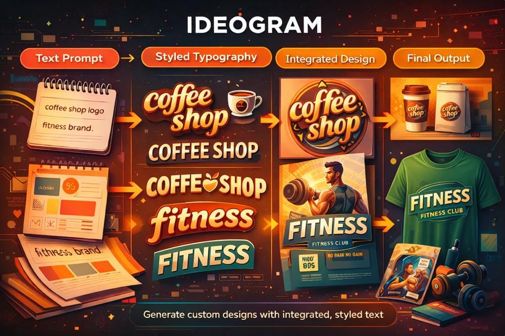 Ideogram AI workflow showing text prompt to styled typography, integrated design and final branding outputs