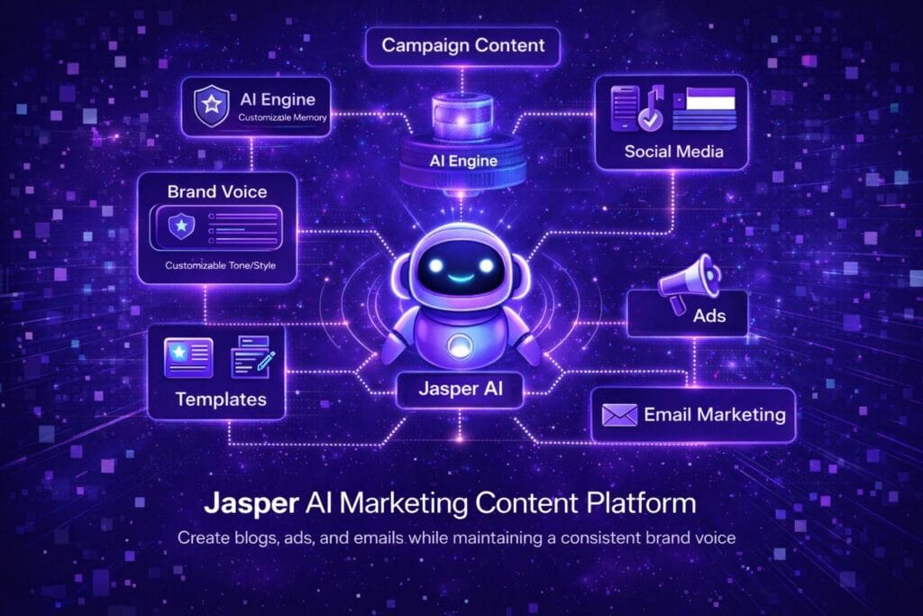 Diagram showing the Jasper AI marketing content platform workflow including brand voice, templates, ads, social media, and email marketing connected to the AI engine.