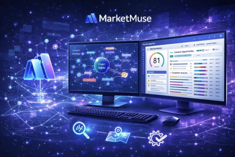 MarketMuse AI content strategy platform with dual monitors showing topic clusters and performance analysis