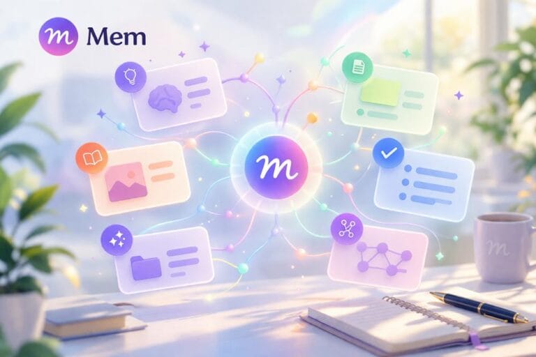 Mem AI knowledge network showing connected notes and ideas linked through an intelligent second brain system