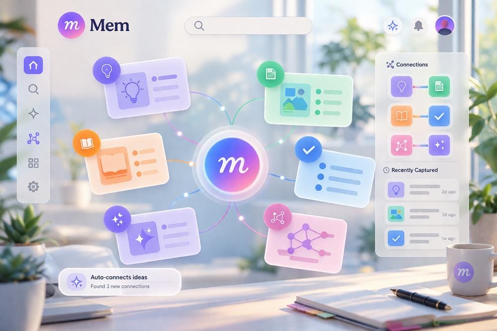 Mem AI workspace showing connected notes, idea linking, recent activity and intelligent knowledge management interface