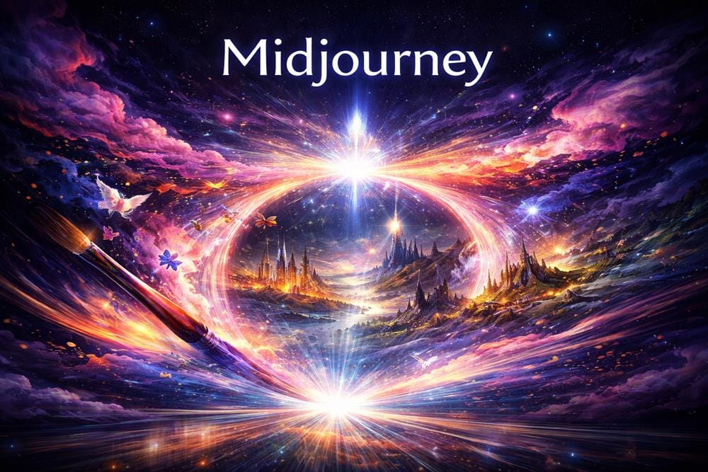 Midjourney AI art generator creating surreal fantasy landscapes from a glowing creative portal