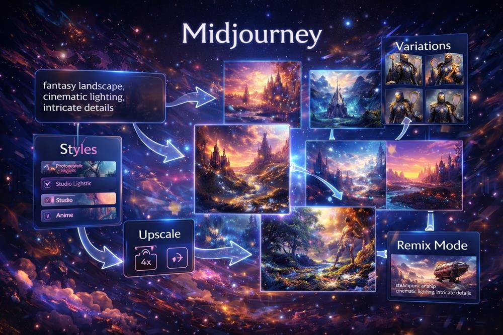 Midjourney AI workflow showing prompt to image generation with styles, variations, upscale and remix features