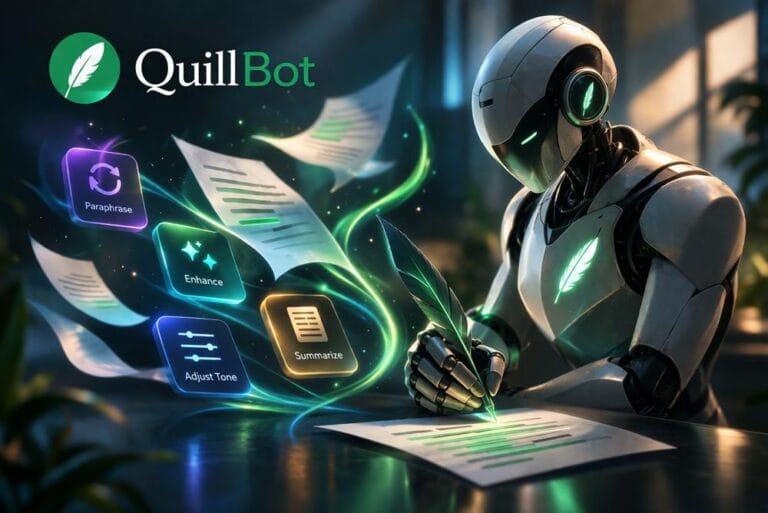 QuillBot AI humanoid robot using a quill to rewrite and enhance text with paraphrasing and writing optimization features