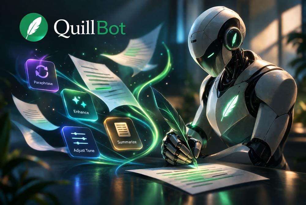 QuillBot AI humanoid robot using a quill to rewrite and enhance text with paraphrasing and writing optimization features