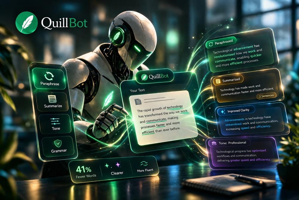 QuillBot interface showing text transformation with paraphrasing, summarizing, tone adjustment and grammar improvement features