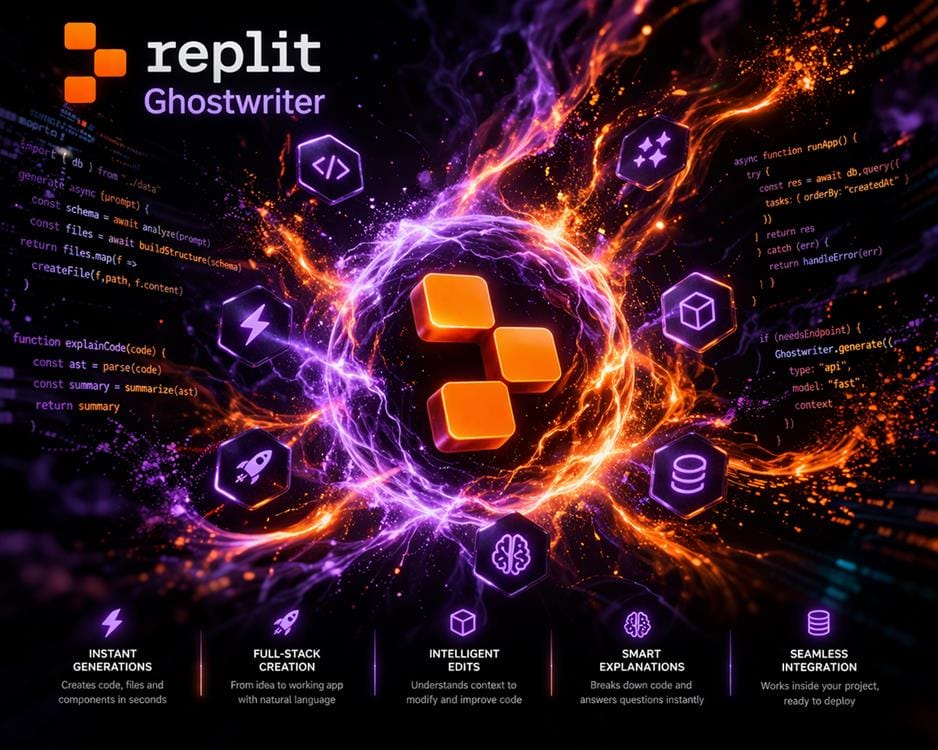 Replit Ghostwriter AI showcasing full-stack code generation, intelligent edits, debugging, and seamless development workflow