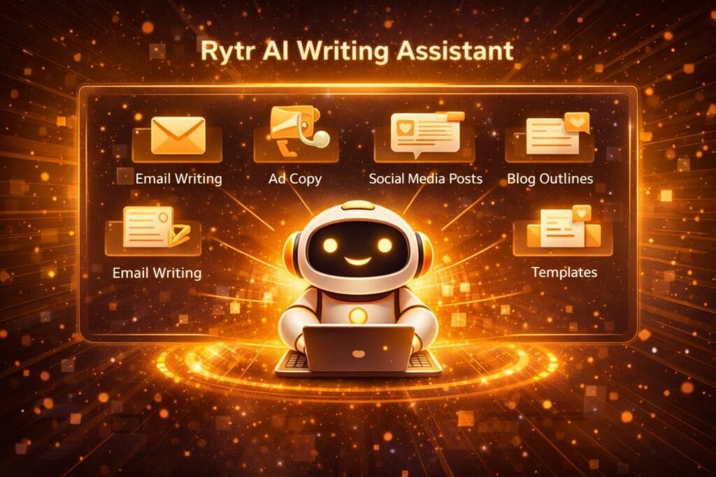 Rytr AI writing assistant features including email writing, ad copy, blog outlines and social media content generation