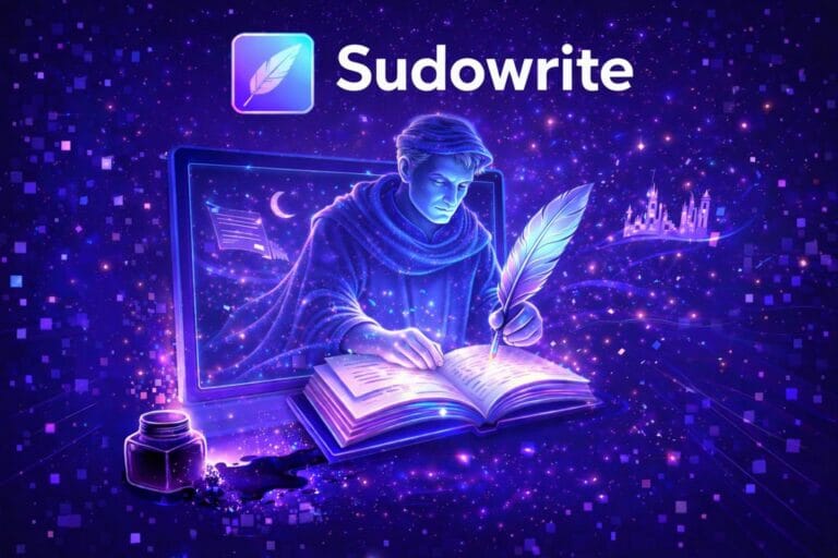 Sudowrite AI creative writing assistant illustrated as a holographic writer emerging from a screen and writing in a glowing book with a feather quill