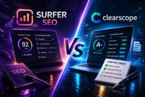 Comparison between Surfer SEO and Clearscope showing differences in content optimization, SEO scoring, and pricing value.