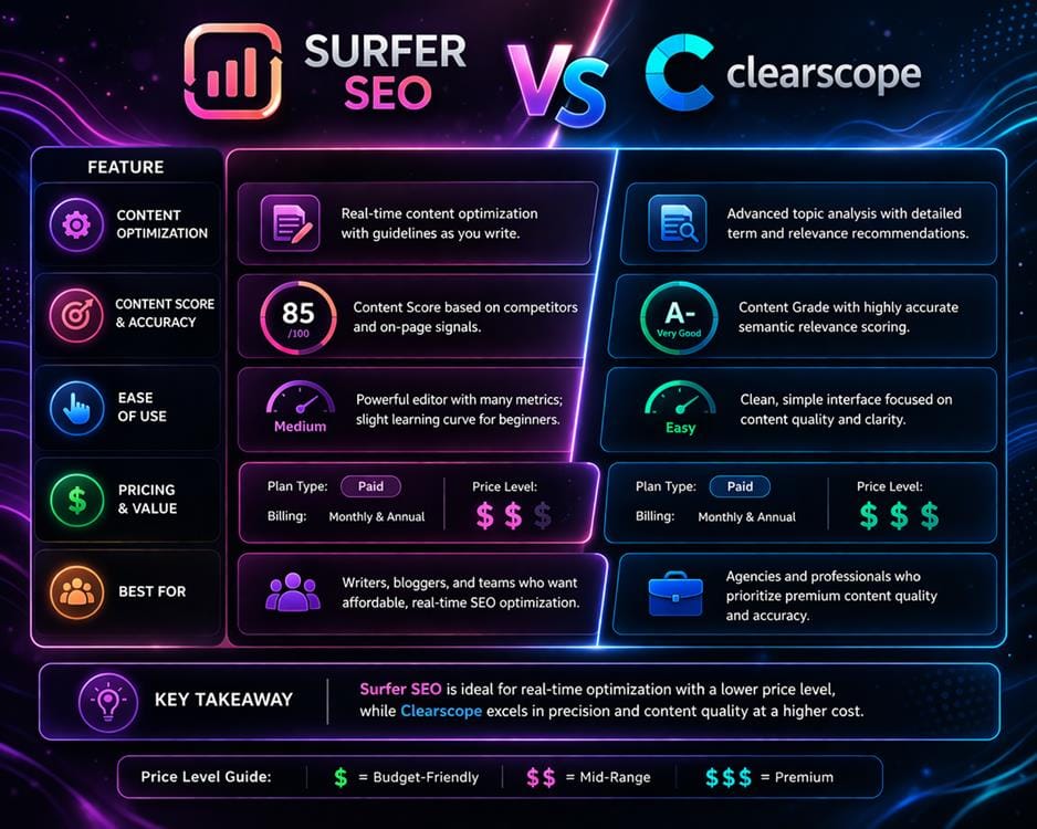 Side by side comparison of Surfer SEO and Clearscope features including content optimization, accuracy, usability, pricing, and best use cases