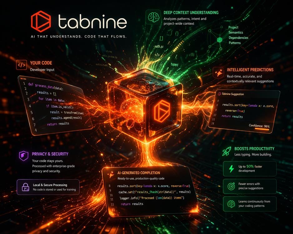 Tabnine AI visual showing deep context understanding, code analysis, and intelligent predictions with neural processing elements