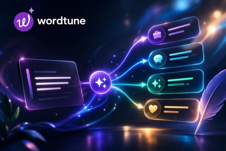 Wordtune AI rewriting tool showing multiple sentence variations and tone options from a single input