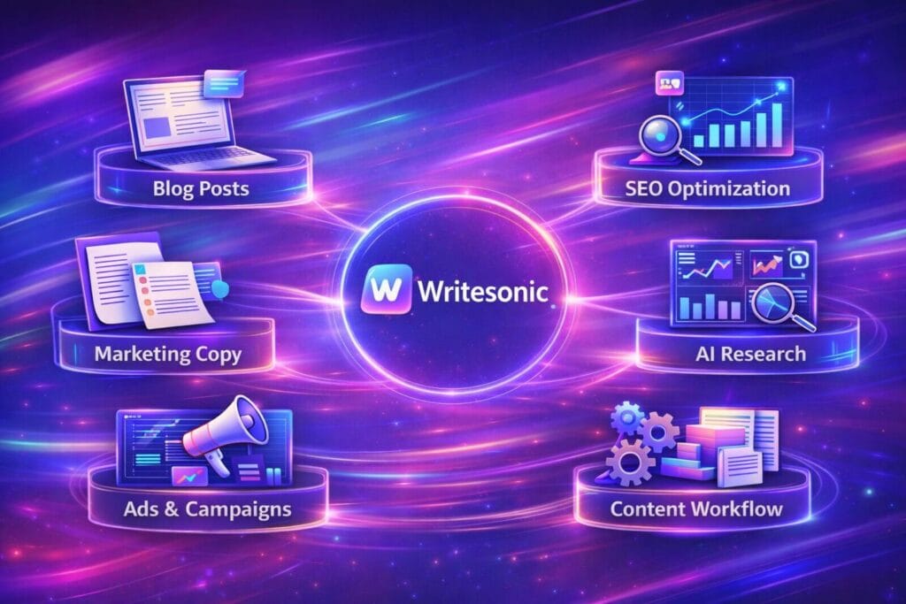Infographic showing Writesonic AI content workflow including blog posts, SEO optimization, marketing copy, AI research, ads campaigns, and content workflow automation.