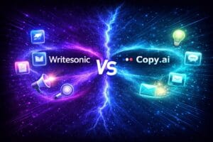 Illustration comparing Writesonic and Copy.ai AI writing tools in a head-to-head comparison.