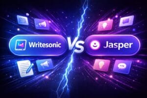 Illustration comparing Writesonic and Jasper AI writing tools in a head-to-head comparison.