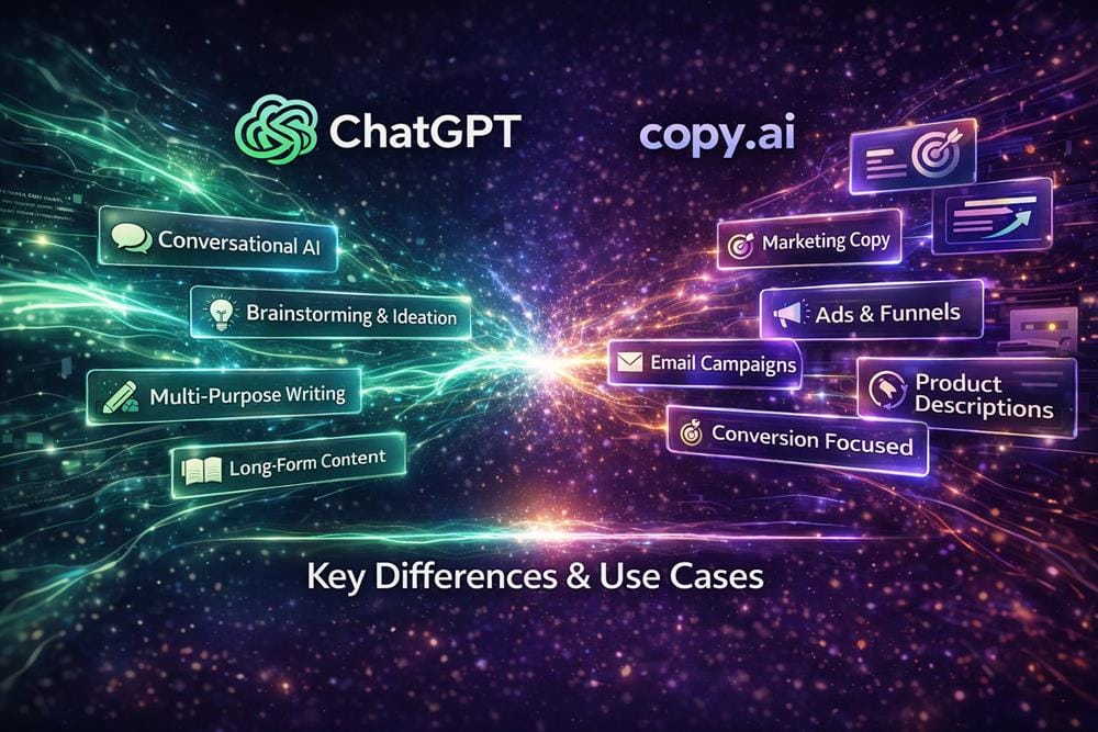 ChatGPT and Copy.ai comparison highlighting key differences, use cases, and features for AI-powered writing and marketing content