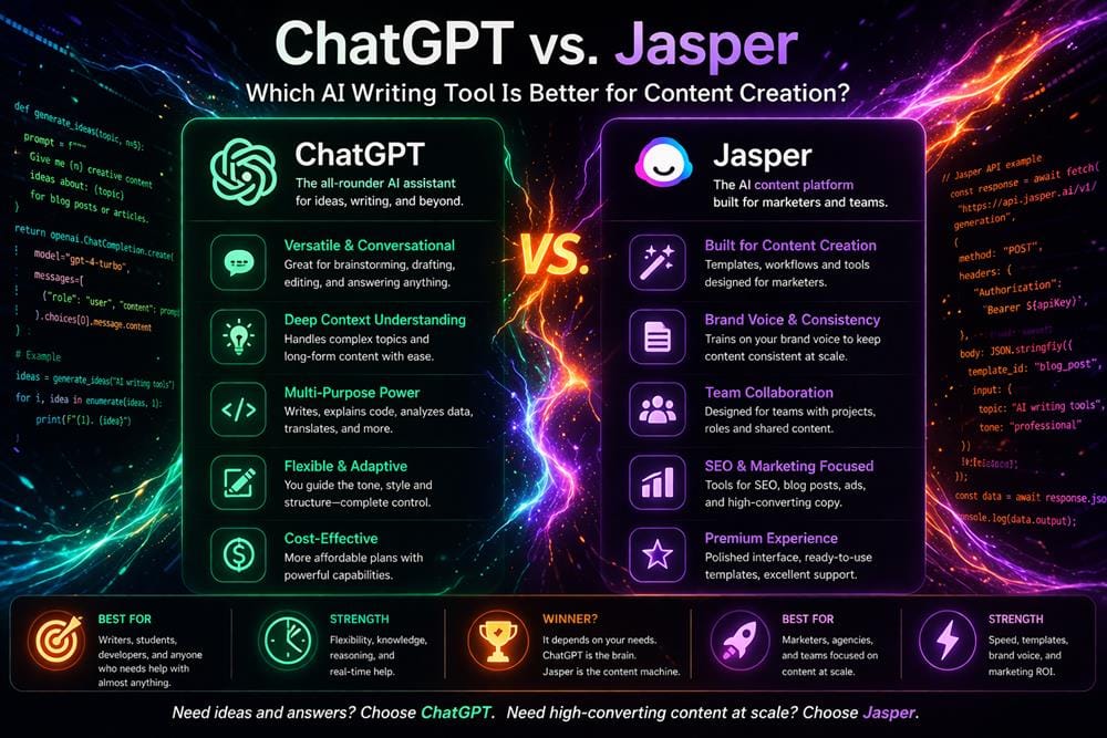 Detailed comparison of ChatGPT and Jasper highlighting features, strengths, and best use cases for content creation