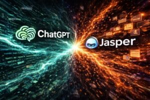 ChatGPT vs Jasper AI comparison showing two writing assistants with dynamic energy and creative content generation elements