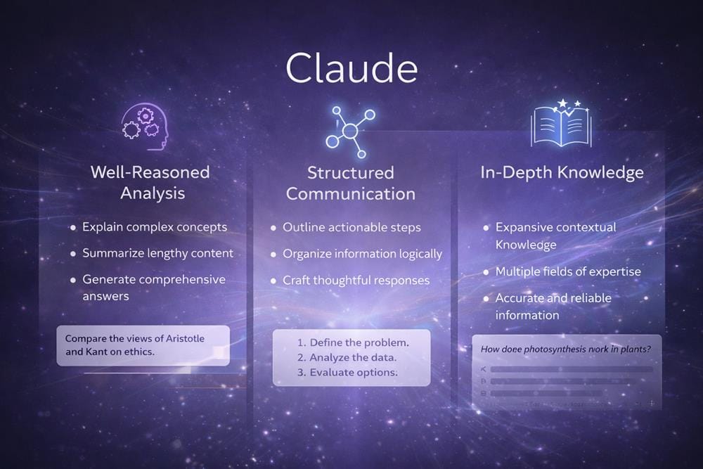 Claude AI capabilities showing well-reasoned analysis, structured communication, and in-depth knowledge with organized visual elements