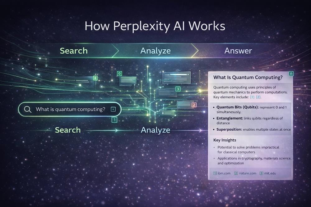 Perplexity AI workflow showing search query, data analysis, and structured answers with references and citations