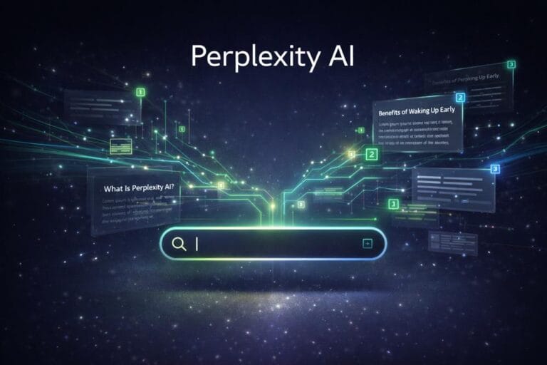 Perplexity AI search engine visual showing real-time query processing, connected data sources, and structured answers with citations