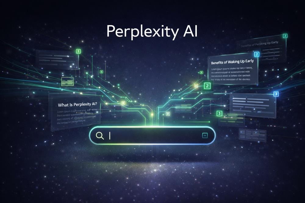 Perplexity AI search engine visual showing real-time query processing, connected data sources, and structured answers with citations