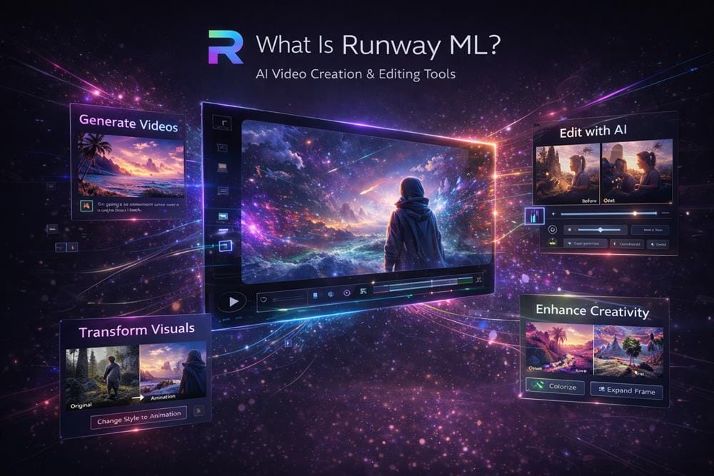 Runway ML features showing AI video generation, editing, visual transformation, and creative enhancement with diverse scenes and effects