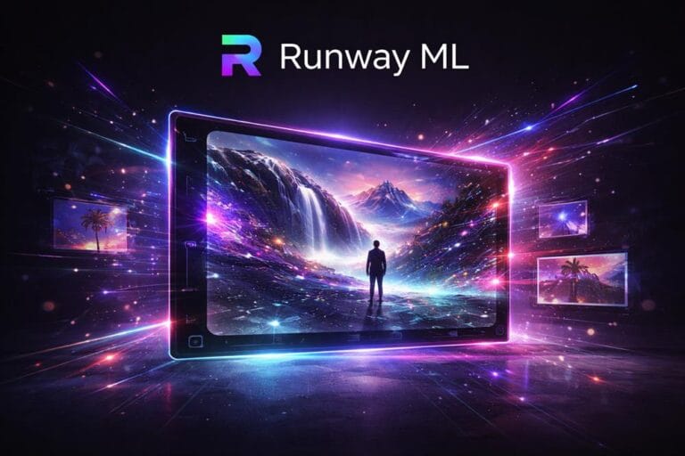 Runway ML AI video generation tool visualized as a cinematic portal creating surreal scenes and digital environments in real time
